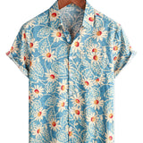 Hawaiian Style Cotton Floral Shirt for Men, Vacation, Button-Up, Blue, Short Sleeves