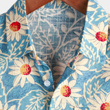 Hawaiian Style Cotton Floral Shirt for Men, Vacation, Button-Up, Blue, Short Sleeves