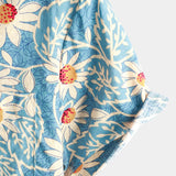 Hawaiian Style Cotton Floral Shirt for Men, Vacation, Button-Up, Blue, Short Sleeves