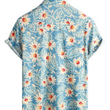 Hawaiian Style Cotton Floral Shirt for Men, Vacation, Button-Up, Blue, Short Sleeves