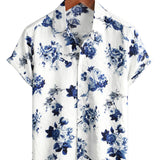 Men's Hawaiian Shirt in Cotton with Blue Floral Pattern, Short Sleeve, Button-Up with White Collar