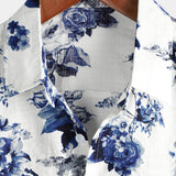 Men's Hawaiian Shirt in Cotton with Blue Floral Pattern, Short Sleeve, Button-Up with White Collar