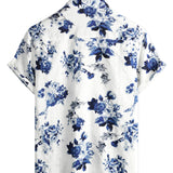 Men's Hawaiian Shirt in Cotton with Blue Floral Pattern, Short Sleeve, Button-Up with White Collar