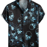Short Sleeve Skull Flower Button Cotton Shirt Blue Casual for Men