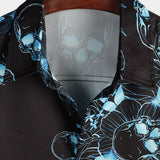 Short Sleeve Skull Flower Button Cotton Shirt Blue Casual for Men