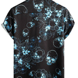 Short Sleeve Skull Flower Button Cotton Shirt Blue Casual for Men