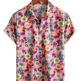 Men's Hawaiian Cotton Shirt in Pink Flowers with Short Sleeves for Summer