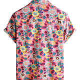 Men's Hawaiian Cotton Shirt in Pink Flowers with Short Sleeves for Summer