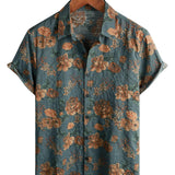 Blue Summer Cotton Shirt with Retro Floral Pattern for Men