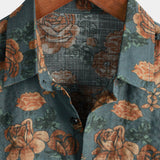 Blue Summer Cotton Shirt with Retro Floral Pattern for Men