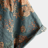 Blue Summer Cotton Shirt with Retro Floral Pattern for Men