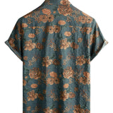 Blue Summer Cotton Shirt with Retro Floral Pattern for Men