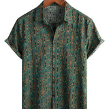 Men's Vintage Cotton Paisley Print Shirt from the 70s, Green, Boho, Retro, Tribal, Short Sleeve