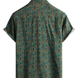 Men's Vintage Cotton Paisley Print Shirt from the 70s, Green, Boho, Retro, Tribal, Short Sleeve