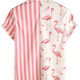 Short Sleeve Cotton Shirt with Pink Flamingo Pattern and Stripes for Men