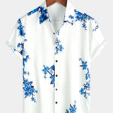 Casual Short Sleeve Cotton Button-Up Shirt for Men in Blue with Floral Pattern