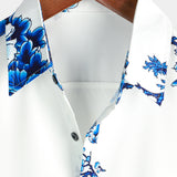 Casual Short Sleeve Cotton Button-Up Shirt for Men in Blue with Floral Pattern