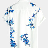 Casual Short Sleeve Cotton Button-Up Shirt for Men in Blue with Floral Pattern