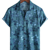 Retro Cotton Casual Short Sleeve Shirt with Floral Pocket in Blue for Men
