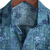Retro Cotton Casual Short Sleeve Shirt with Floral Pocket in Blue for Men