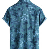 Retro Cotton Casual Short Sleeve Shirt with Floral Pocket in Blue for Men