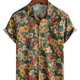 Short Sleeve Breathable Cotton Shirt with Vintage Botanical Print for Men