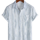 Men's Short Sleeve Cotton Shirt with Pocket in Black Stripes, Breathable