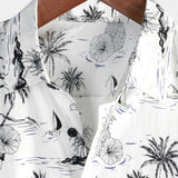 White Aloha Short Sleeve Cotton Shirt with Tropical Pineapple and Palm Pattern for Men