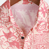 Short Sleeve Cotton Hawaiian Shirt with Floral Pattern Pink for Men