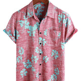 Cotton Hawaiian Style Short Sleeve Shirt for Men in Red Floral Pattern