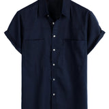 Short Sleeve Cotton Shirt with Chest Pockets in Solid Color