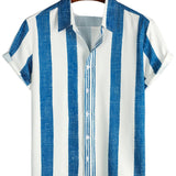 Men's Casual Short Sleeve Shirt in Blue Vertical Stripes with Vintage Cotton