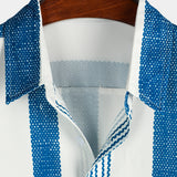 Men's Casual Short Sleeve Shirt in Blue Vertical Stripes with Vintage Cotton