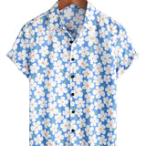 Summer Men's Cotton Shirt in Floral Print, Casual, Pencil Fit, Short Sleeve, Light Blue