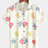 White Short Sleeve Cotton Shirt with Summer Floral Pattern for Men