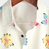 White Short Sleeve Cotton Shirt with Summer Floral Pattern for Men