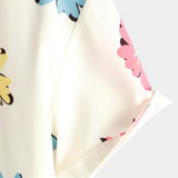 White Short Sleeve Cotton Shirt with Summer Floral Pattern for Men