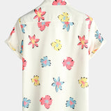 White Short Sleeve Cotton Shirt with Summer Floral Pattern for Men