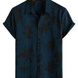 Men's Hawaiian Style Short Sleeve Cotton Shirt with Palm Print, Navy Blue