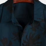 Men's Hawaiian Style Short Sleeve Cotton Shirt with Palm Print, Navy Blue