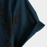 Men's Hawaiian Style Short Sleeve Cotton Shirt with Palm Print, Navy Blue