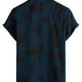 Men's Hawaiian Style Short Sleeve Cotton Shirt with Palm Print, Navy Blue