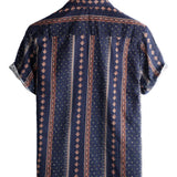 Short Sleeve Cotton Button-Up Shirt for Men, 70s Retro, Stripes, Navy Blue, Vintage