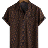Short Sleeve Cotton Shirt with Pocket in Retro Geometric Pattern in Brown for Men