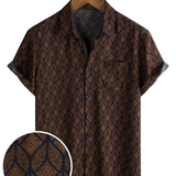 Short Sleeve Cotton Shirt with Pocket in Retro Geometric Pattern in Brown for Men
