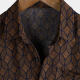 Short Sleeve Cotton Shirt with Pocket in Retro Geometric Pattern in Brown for Men