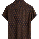 Short Sleeve Cotton Shirt with Pocket in Retro Geometric Pattern in Brown for Men