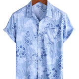 Retro Short Sleeve Cotton Shirt in Blue Floral for Men