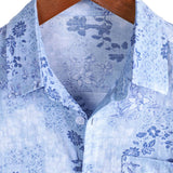Retro Short Sleeve Cotton Shirt in Blue Floral for Men
