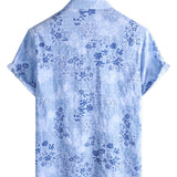Retro Short Sleeve Cotton Shirt in Blue Floral for Men